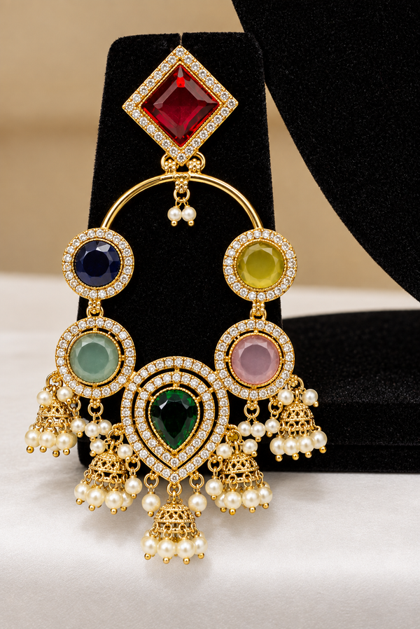 Navratna Multicolor Chandbali Earrings with Jhumka Drops