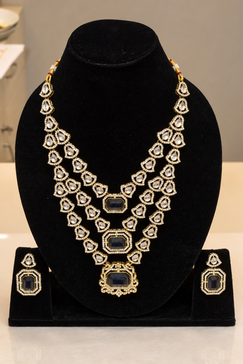 Royal Sapphire Blue Kundan Layered Necklace Set