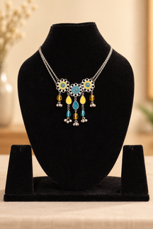 Oxidised Silver Pastel Enamel & Bead Drop Necklace