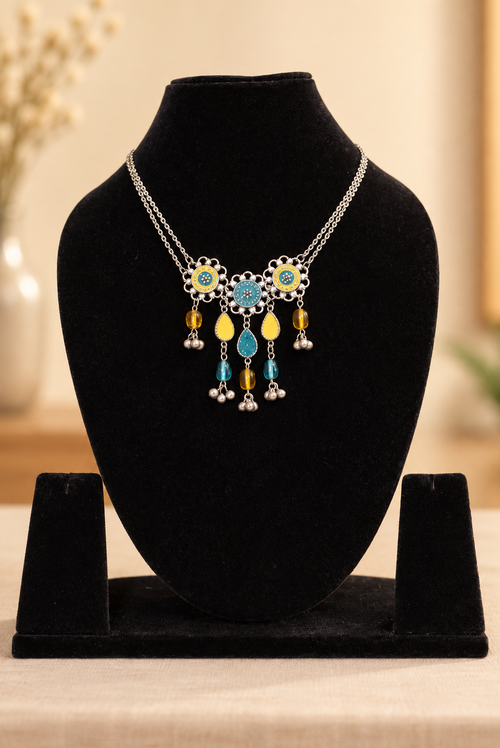Oxidised Silver Pastel Enamel & Bead Drop Necklace
