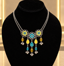 Oxidised Silver Pastel Enamel & Bead Drop Necklace
