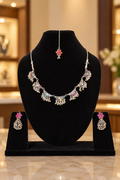 Oxidised Silver Floral Jhumka & Maangtikka Jewellery Set