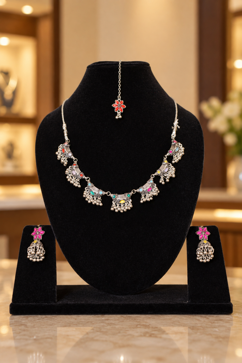 Oxidised Silver Floral Jhumka & Maangtikka Jewellery Set