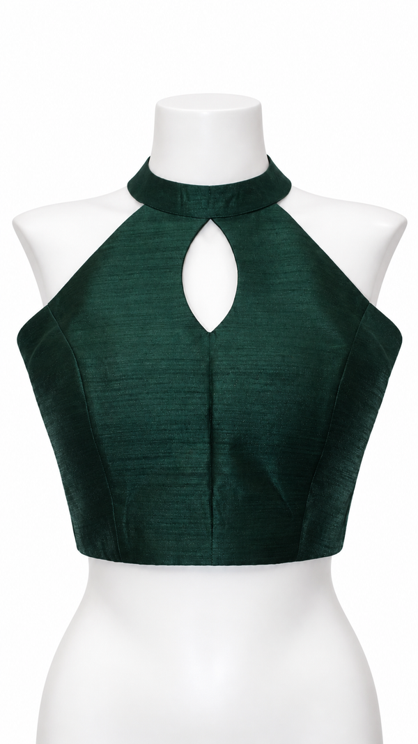 Emerald Green Raw Silk Keyhole Halter Designer Blouse