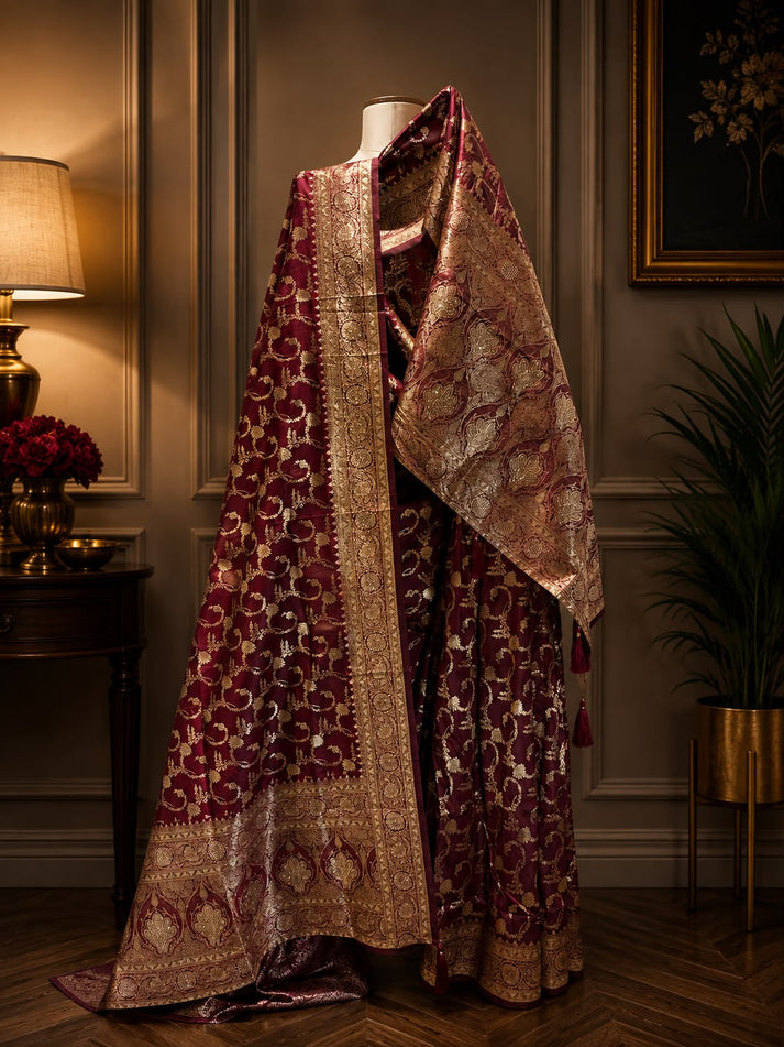 Mehrunnisa Maroon Zari Saree