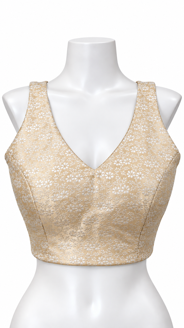 Champagne Gold Floral Brocade Tie-Back Designer Blouse