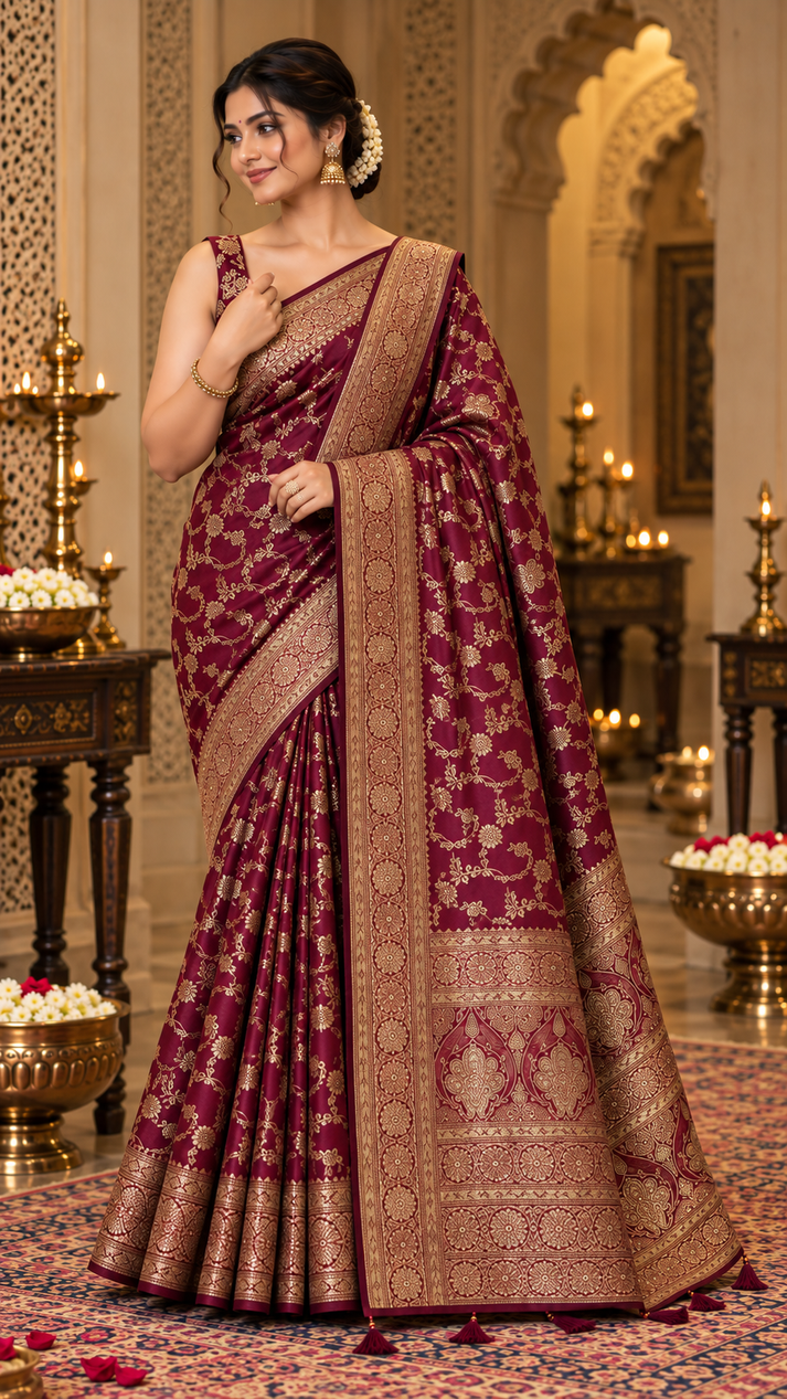Mehrunnisa Maroon Zari Saree