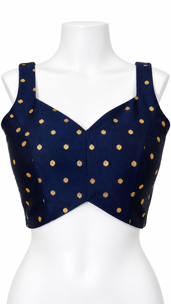 Royal Navy Blue & Gold Polka Dot Brocade Designer Blouse