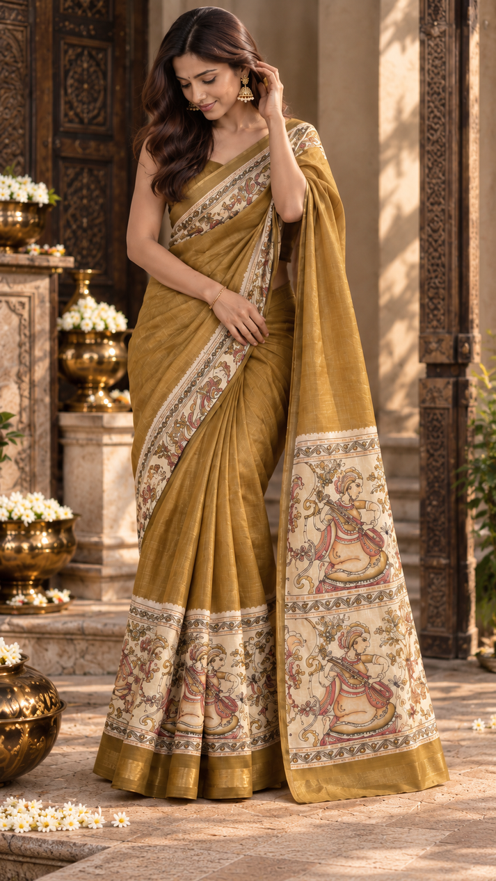 Rajsi Mustard Kalamkari Saree