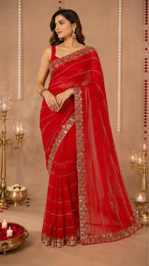 Surkh Rajsi Sitara Saree
