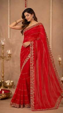 Surkh Rajsi Sitara Saree
