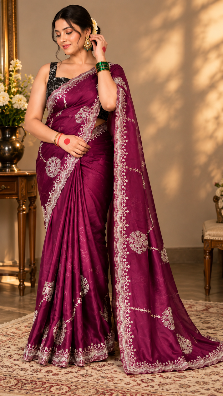 Wine Majesty Embellished Saree