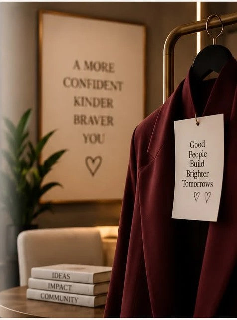 A maroon jacket on a brass rail beside a framed print